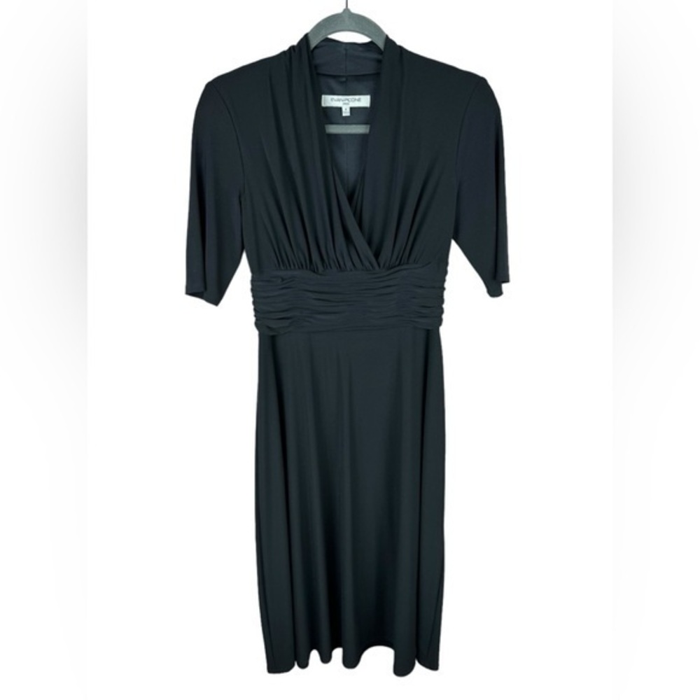 Evan Picone Dress Fit & Flare Size 4 Black V-Neck 3/4 Sleeves slinky
